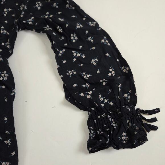 American Eagle Babydoll Navy Floral Top Small Long Sleeve Keyhole Back - Picture 4 of 7